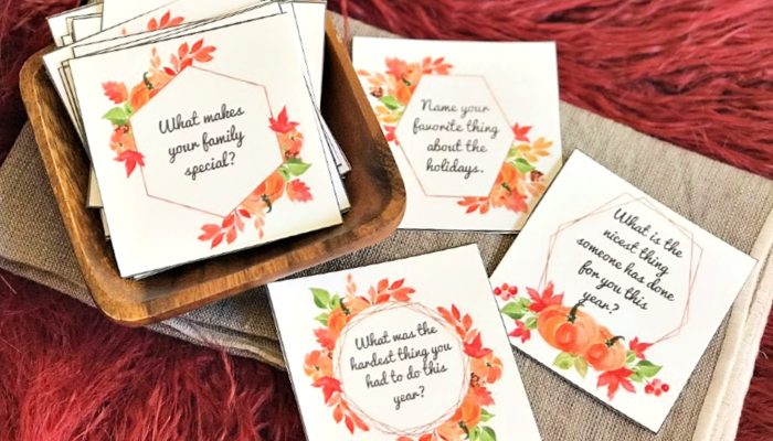 Take your Thanksgiving table talk up a notch with these free printable Thanksgiving Conversation Starters! These are perfect for every family to share around the Thanksgiving table! #Thanksgiving #ThanksgivingIdeas #ThanksgivingTraditions #ThanksgivingPrintable #ThanksgivingTable