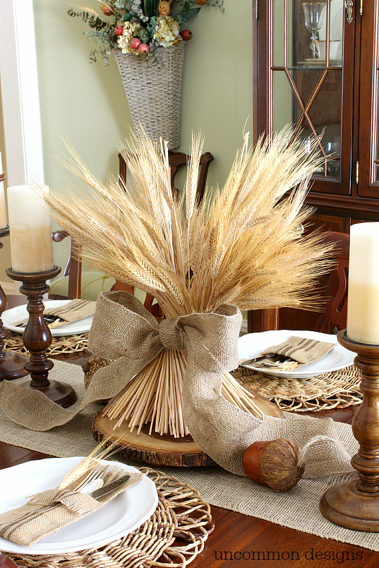 DIY Wheat Bundle Thanksgiving or Fall Centerpiece via Uncommon Designs