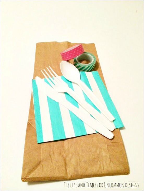 Make these simple and adorable paper bag utensil holders for your next party! They are not only so adorable, but won't break the bank! Uncommon Designs