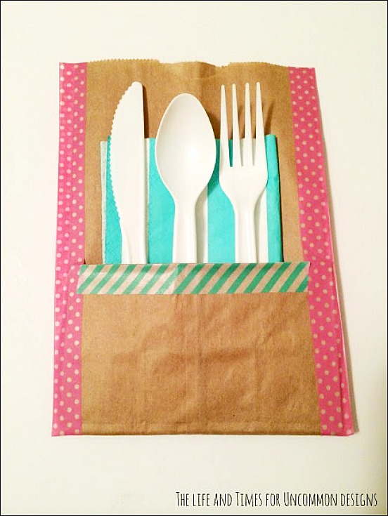Make these simple and adorable paper bag utensil holders for your next party! They are not only so adorable, but won't break the bank! Uncommon Designs