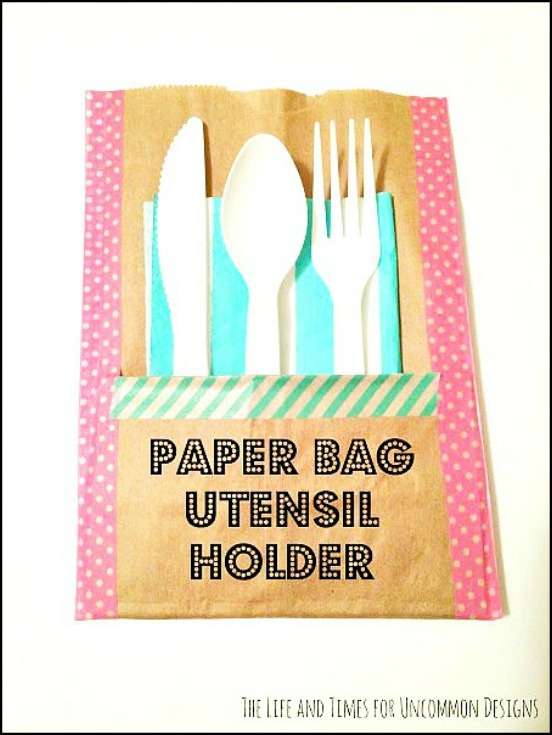 Make these simple and adorable paper bag utensil holders for your next party! They are not only so adorable, but won't break the bank! Uncommon Designs
