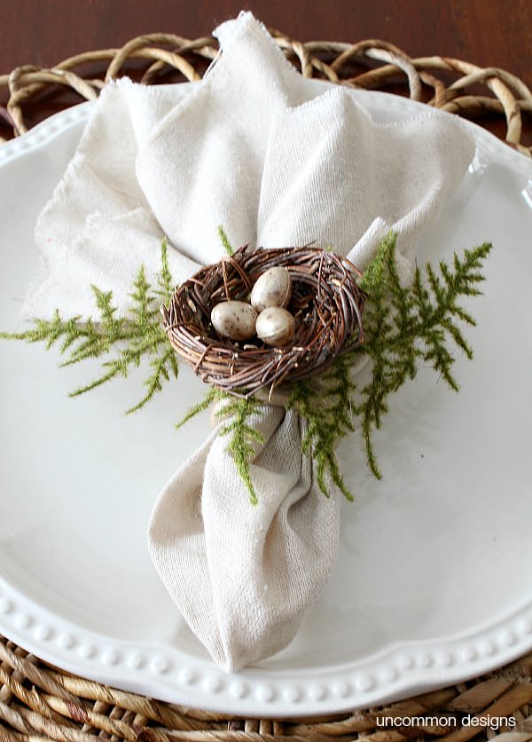 How to make Bird's Nest Napkin Rings for your spring and Easter tablescape via Uncommon Designs.